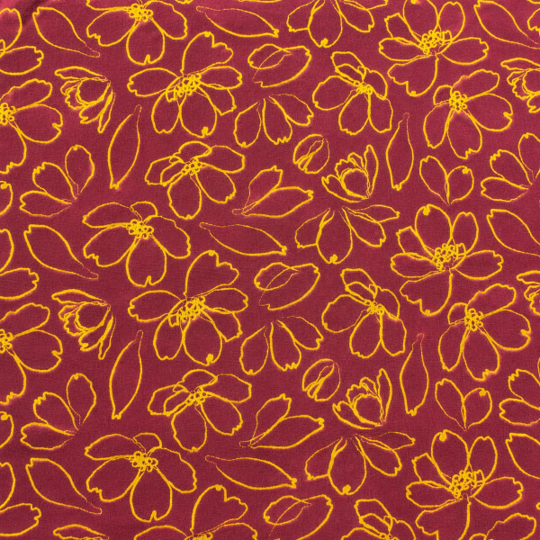 Viskose-Webware Blumenkontur Bordeaux-Senfgelb